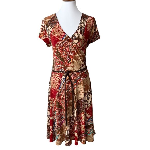 Lauren Ralph Lauren XL Dress Fall Boho Faux Wrap Stretch Patchwork Paisley belt - Picture 4 of 15